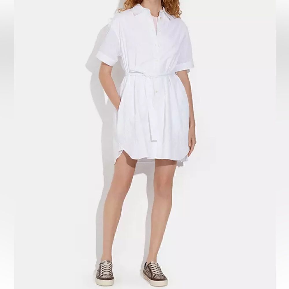 NWT Coach Wrinkled Button Down Dress White Short Sleeve Cotton Tie Pockets Mini